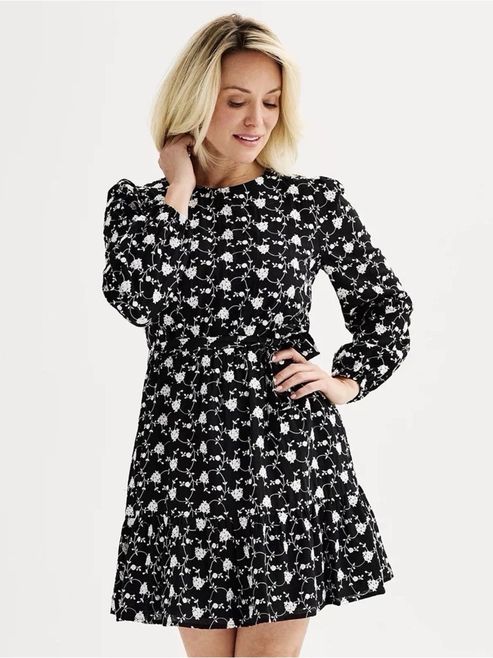 Draper James RSVP Embroidered Floral Long Sleeve Mini Dress in Black and White